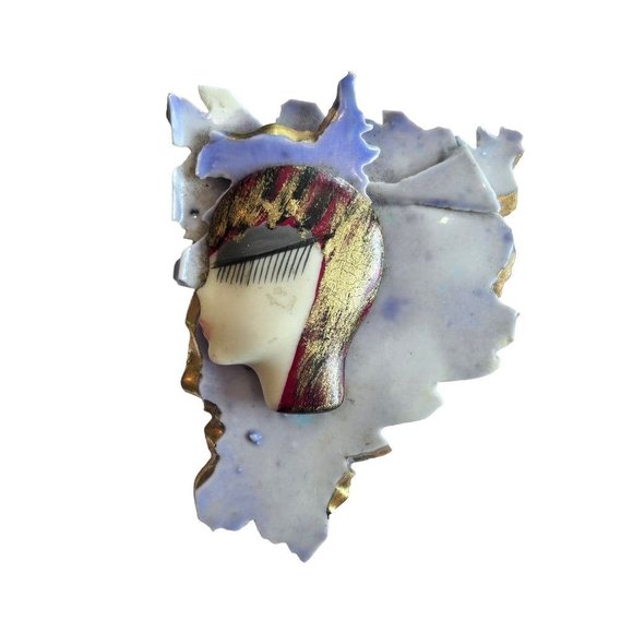 Vintage 80s Handpainted Signed Porcelain Brooch Pin 20s Flapper Inspired 3 1/4" - Picture 1 of 6